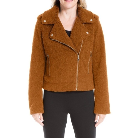 MAX STUDIO Faux Fur Cozy Asymmetrical Moto Zipper Jacket in Cognac size M - Picture 1 of 13